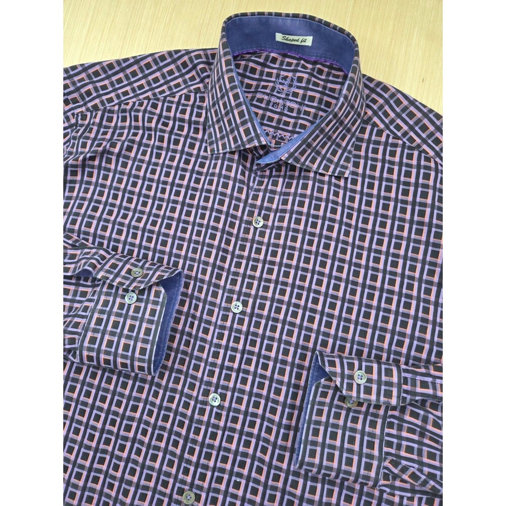 Bugatchi Uomo Button Front Shirt Mens Purple Black Square Shaped Fit *read desc*